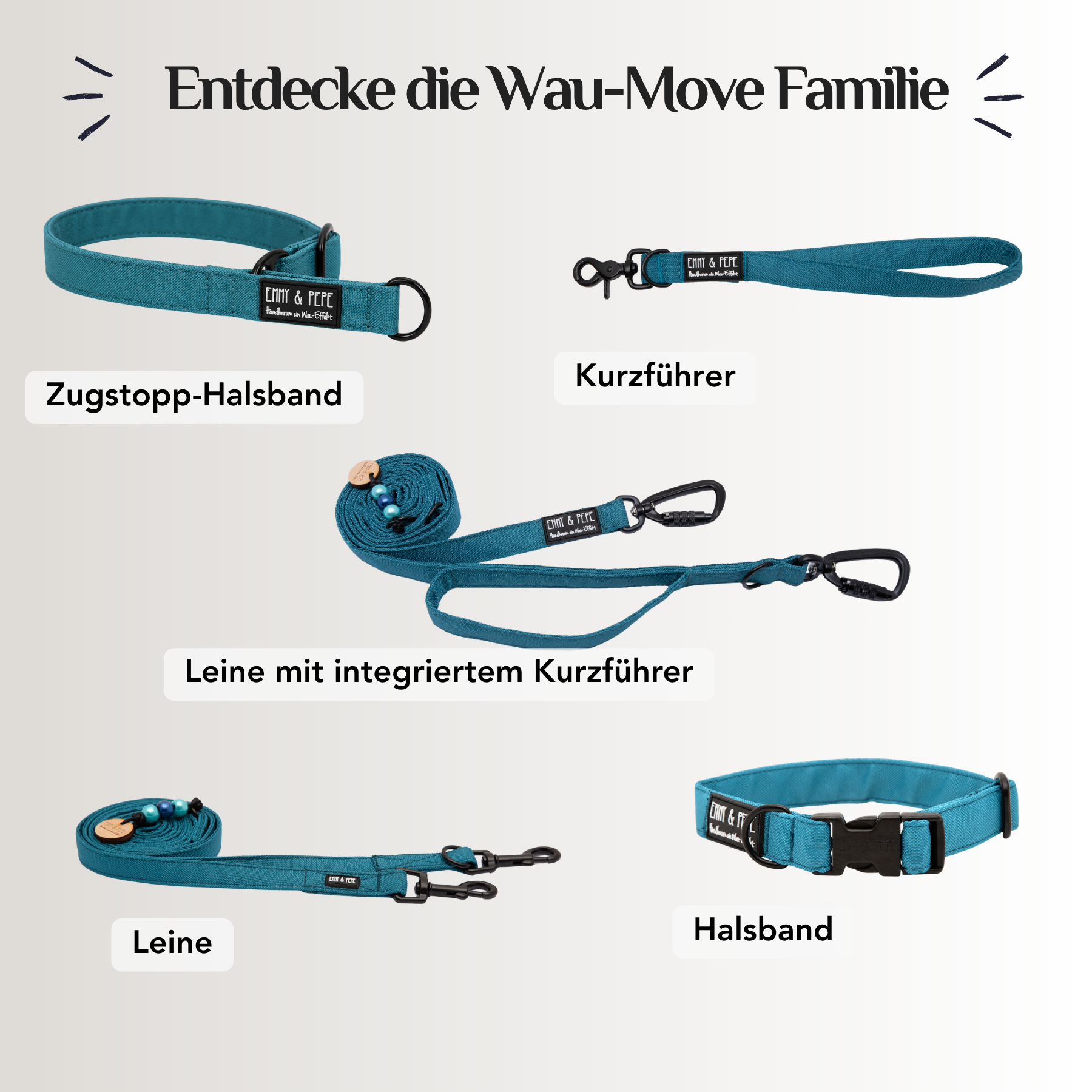 Entdecke die Wau-Move Familie in Aqua: Zugstopp-Halsband, Kurzführer, Leine mit integriertem Kurzführer, Leine und Halsband, alle einfarbig Petrol mit schwarzen Metallteilen