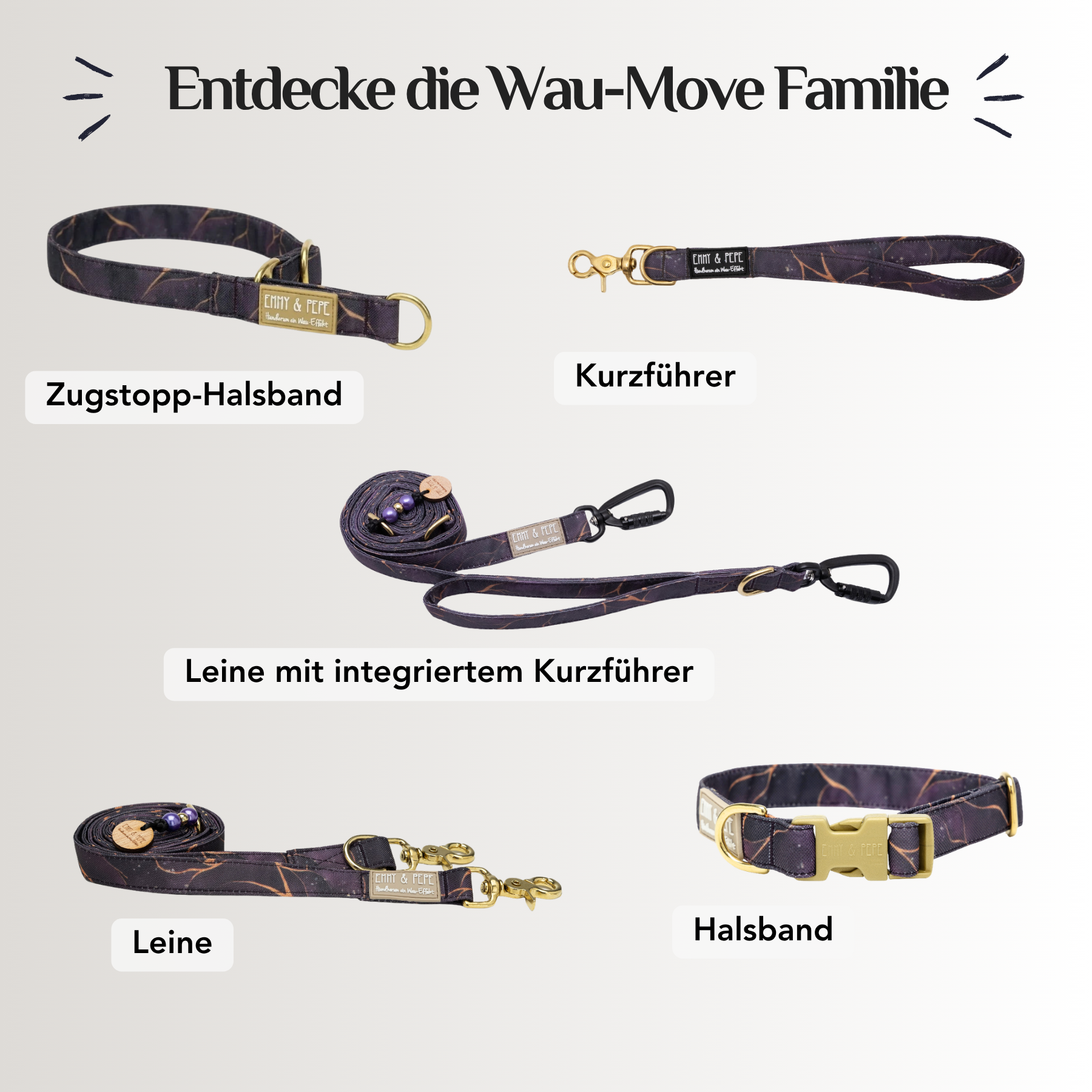 Emmy & Pepe Wau-Move Hundezubehör Set in Golden Plum: Zugstopp-Halsband, Kurzführer, Leine mit integriertem Kurzführer, Leine und Halsband