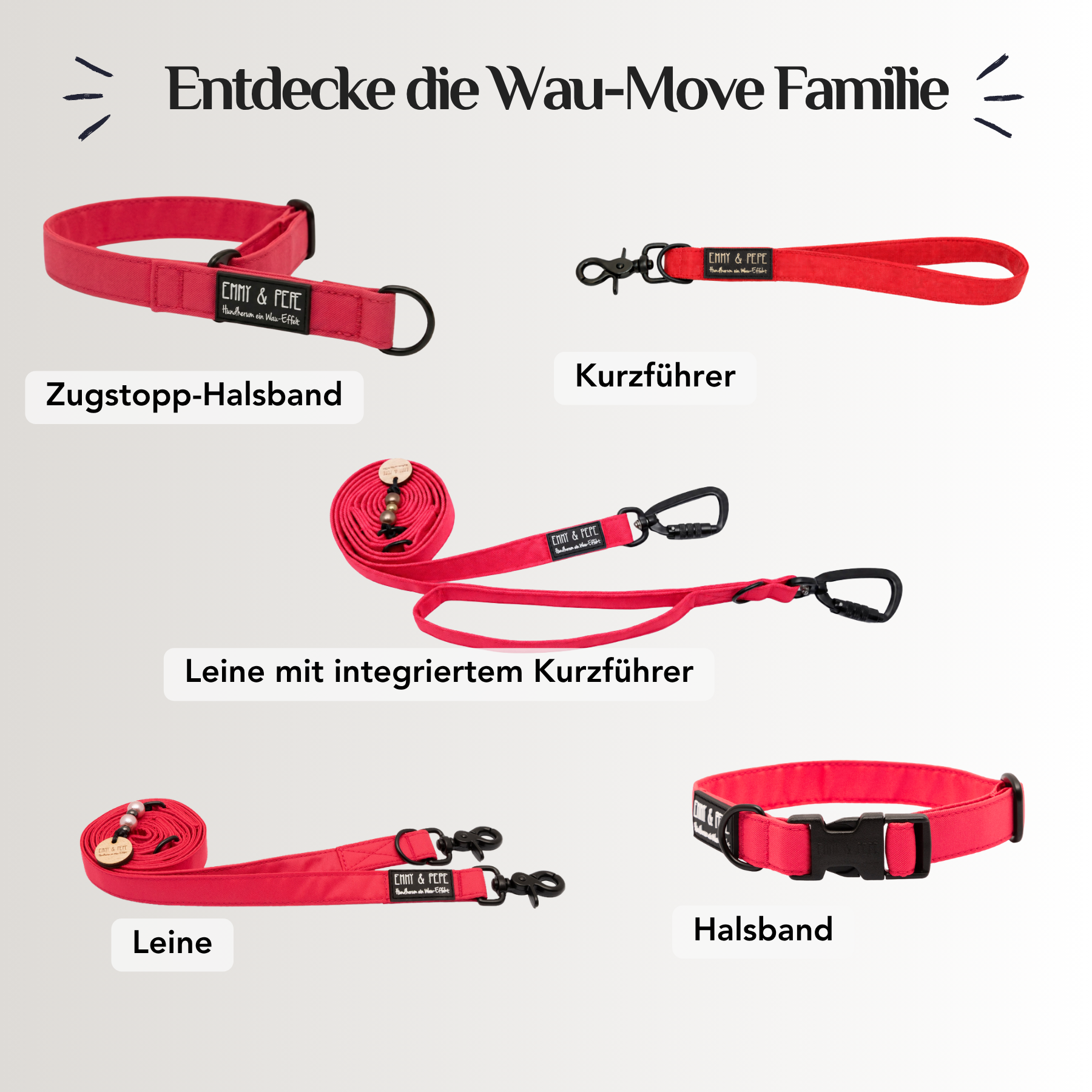 Emmy & Pepe Wau-Move Hundezubehör Set in Neon Pink: Zugstopp-Halsband, Kurzführer, Leine mit integriertem Kurzführer, Leine und Halsband