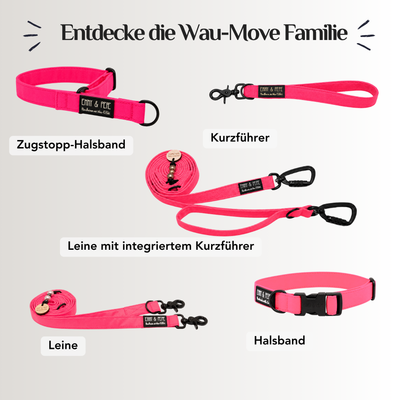 Emmy & Pepe Wau-Move Hundezubehör Set in Neon Pink: Zugstopp-Halsband, Kurzführer, Leine mit integriertem Kurzführer, Leine und Halsband