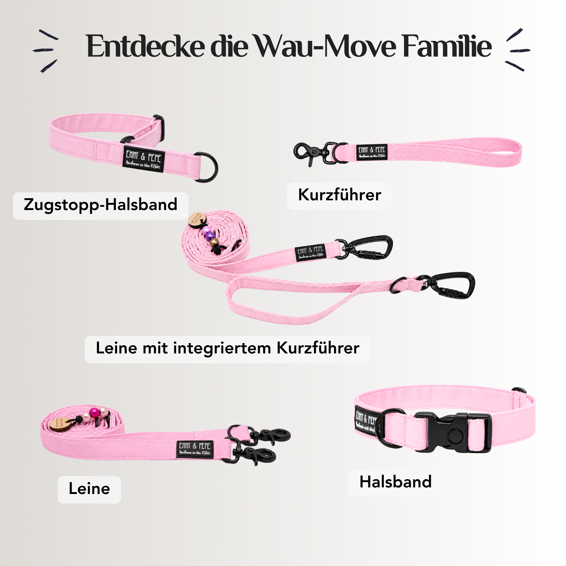Emmy & Pepe Wau-Move Hundezubehör Set in Rosa (Rosi): Zugstopp-Halsband, Kurzführer, Leine mit integriertem Kurzführer, Leine und Halsband