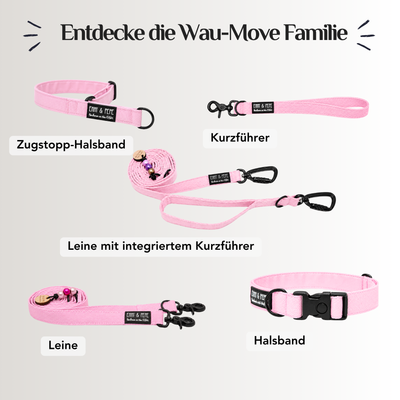 Emmy & Pepe Wau-Move Hundezubehör Set in Rosa (Rosi): Zugstopp-Halsband, Kurzführer, Leine mit integriertem Kurzführer, Leine und Halsband