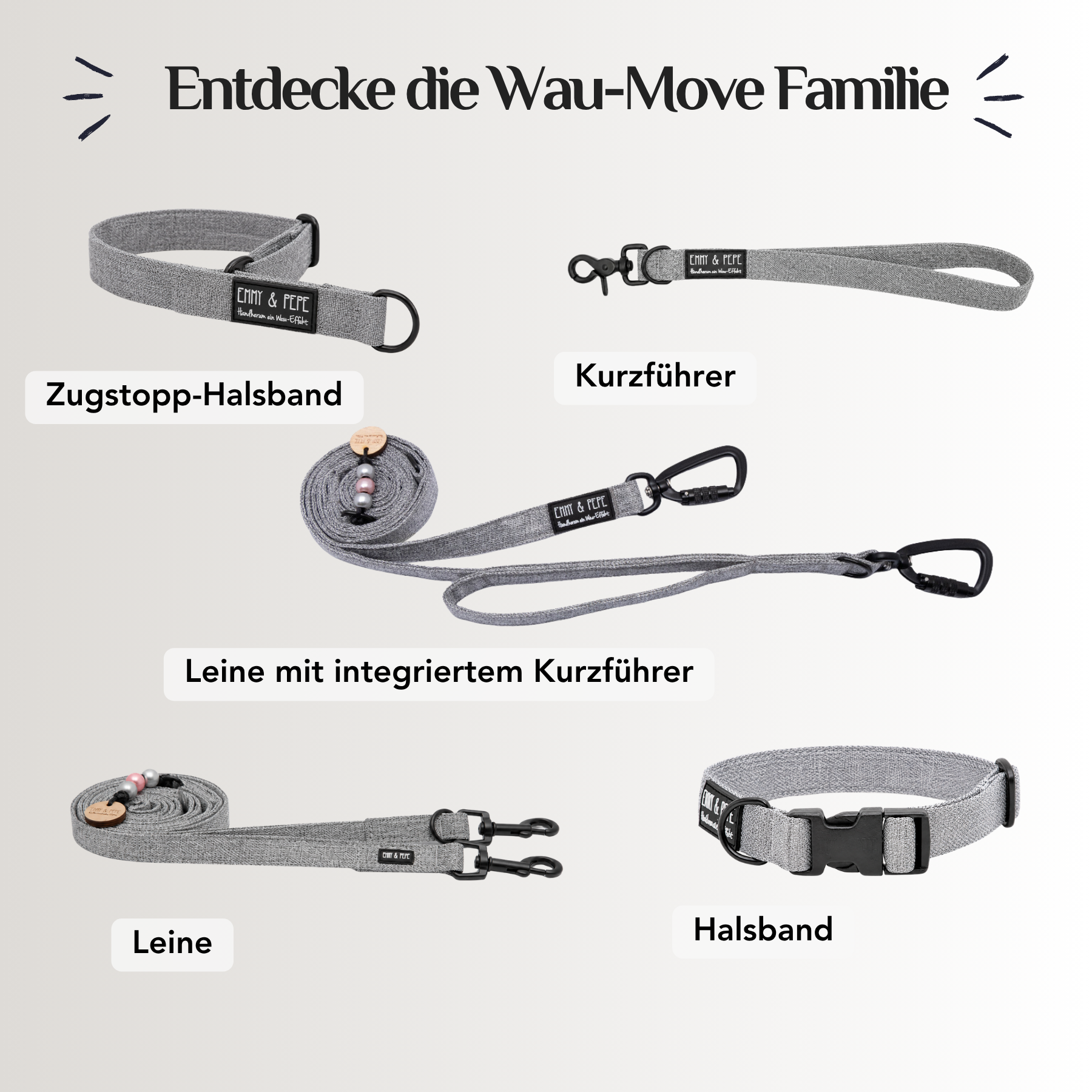 Emmy & Pepe Wau-Move Hundezubehör Set in Stone-Grau: Zugstopp-Halsband, Kurzführer, Leine mit integriertem Kurzführer, Leine und Halsband