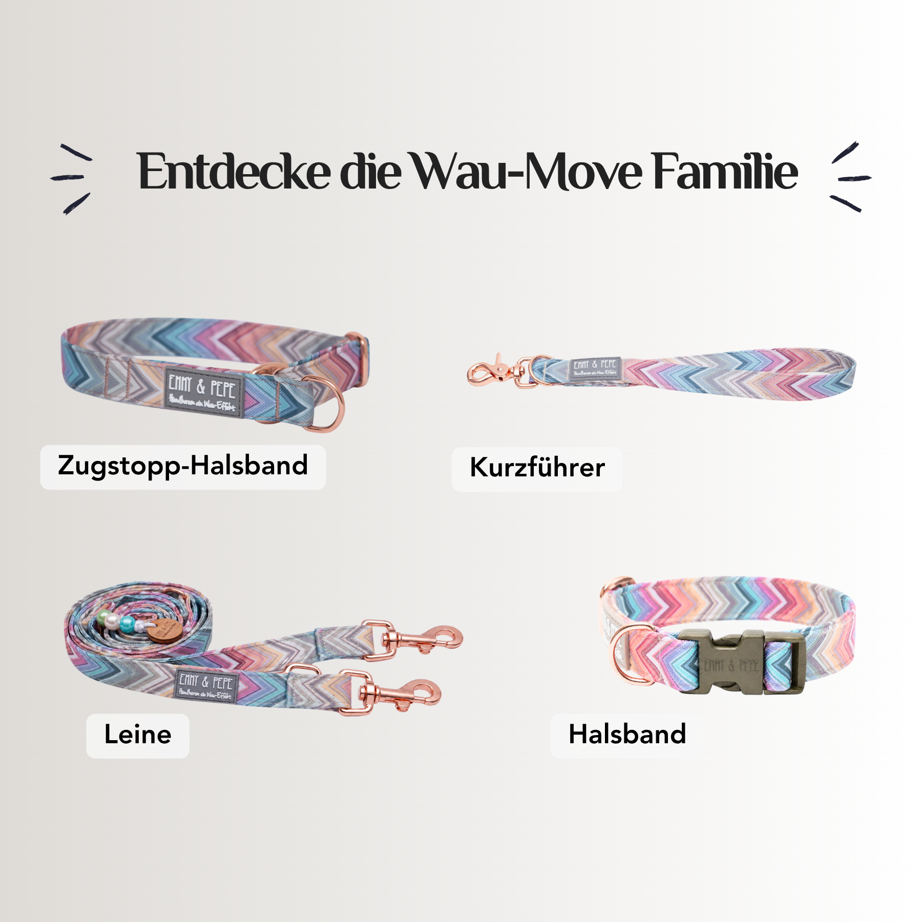 Entdecke die Wau-Move Familie in Waussoni: Zugstopp-Halsband, Kurzführer, Leine und Halsband, alle mit Zickzack-Muster in Pastelltönen