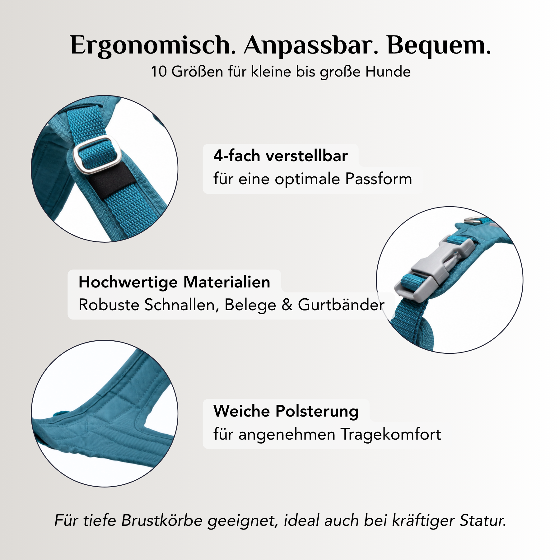 Emmy & Pepe Hundegeschirr Aqua: ergonomisch, anpassbar und bequem in 10 Größen, 4-fach verstellbar für optimale Passform, hochwertige Materialien mit robusten Schnallen und weicher Polsterung für angenehmen Tragekomfort, geeignet für tiefe Brustkörbe