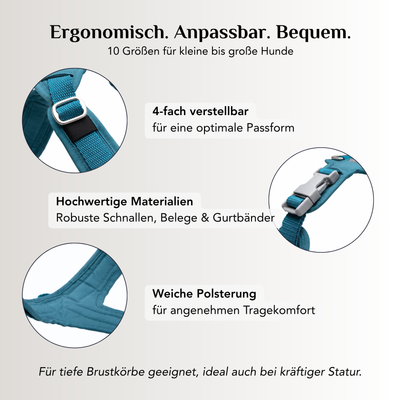 Emmy & Pepe Hundegeschirr Aqua: ergonomisch, anpassbar und bequem in 10 Größen, 4-fach verstellbar für optimale Passform, hochwertige Materialien mit robusten Schnallen und weicher Polsterung für angenehmen Tragekomfort, geeignet für tiefe Brustkörbe