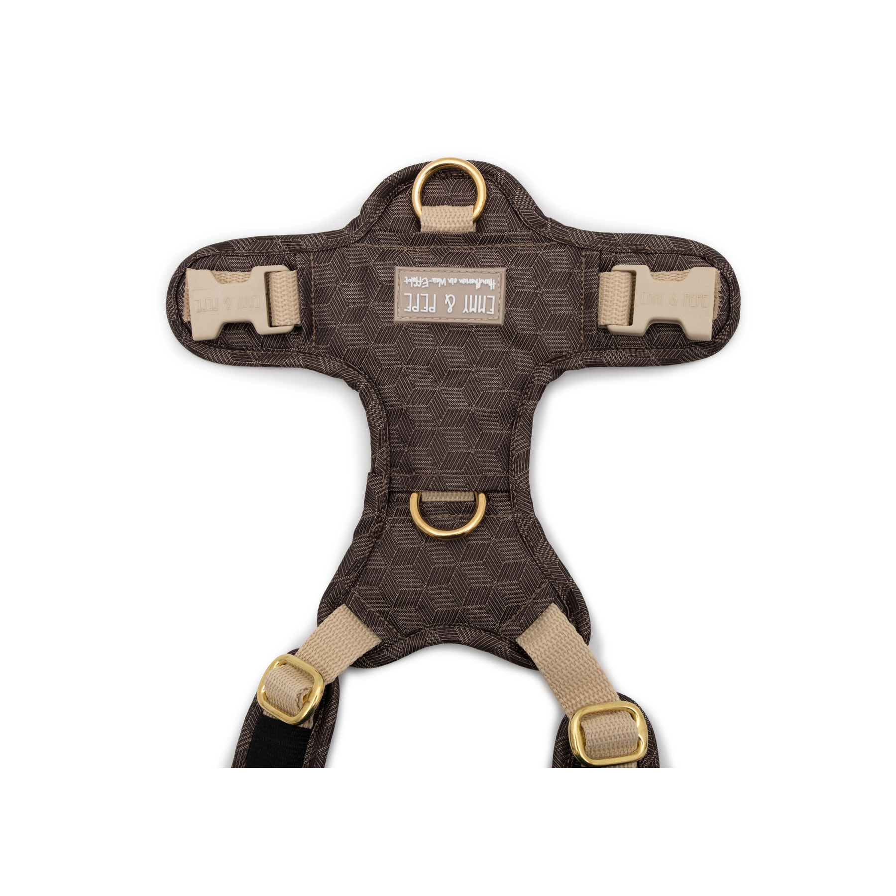 Emmy & Pepe Wau-Move Hundegeschirr, Detailansicht Rückenpatch mit Markenlogo und goldenen D-Ringen im Hazel Design