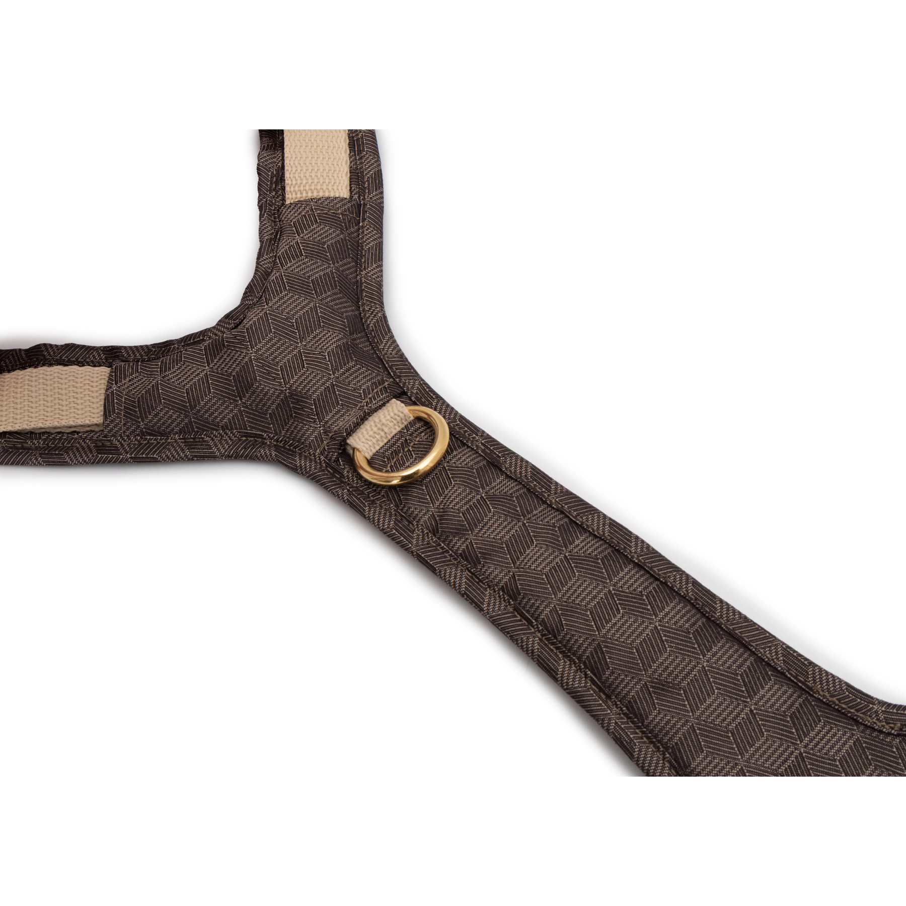 Emmy & Pepe Wau-Move Hundegeschirr, Detailansicht Brustring mit goldenem D-Ring im Hazel Design mit geometrischem Muster