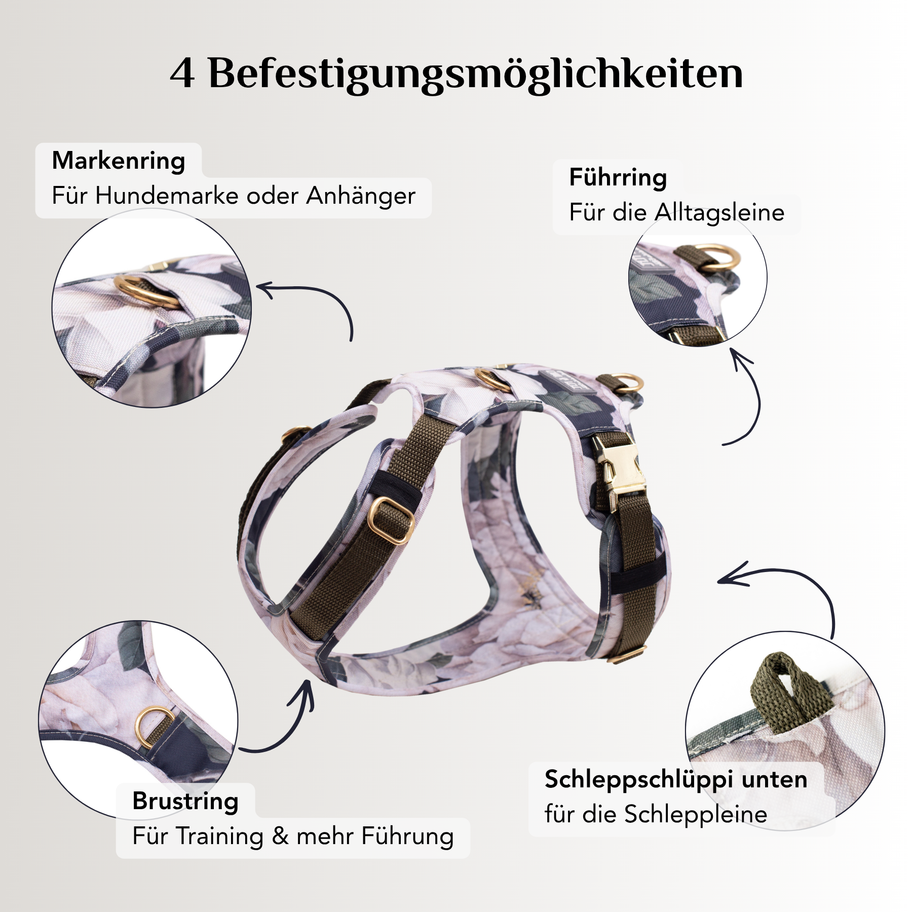 Emmy & Pepe Hundegeschirr Magnolia mit 4 Befestigungsmöglichkeiten: Markenring, Führring, Brustring und Schlaufe für die Schleppleine