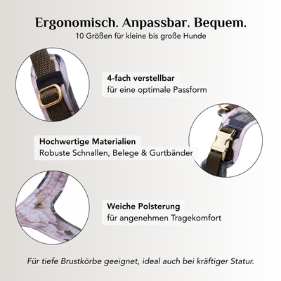 Ergonomisches Emmy & Pepe Hundegeschirr Magnolia mit 4-fach verstellbaren Riemen, hochwertigen Schnallen und weicher Polsterung in 10 Größen
