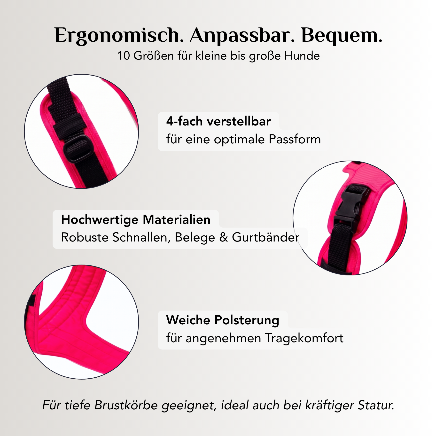 Ergonomisches Emmy & Pepe Hundegeschirr Neon Pink mit 4-fach verstellbaren Riemen, hochwertigen Schnallen und weicher Polsterung in 10 Größen