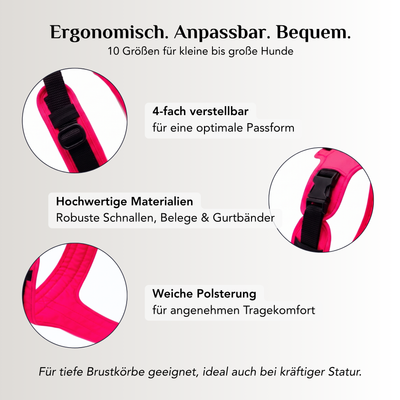 Ergonomisches Emmy & Pepe Hundegeschirr Neon Pink mit 4-fach verstellbaren Riemen, hochwertigen Schnallen und weicher Polsterung in 10 Größen