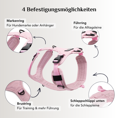 Emmy & Pepe Hundegeschirr Rosi (Rosa) mit 4 Befestigungsmöglichkeiten: Markenring, Führring, Brustring und Schlaufe für die Schleppleine