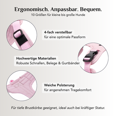 Ergonomisches Emmy & Pepe Hundegeschirr Rosi in Rosa mit 4-fach verstellbaren Riemen, hochwertigen Schnallen und weicher Polsterung in 10 Größen