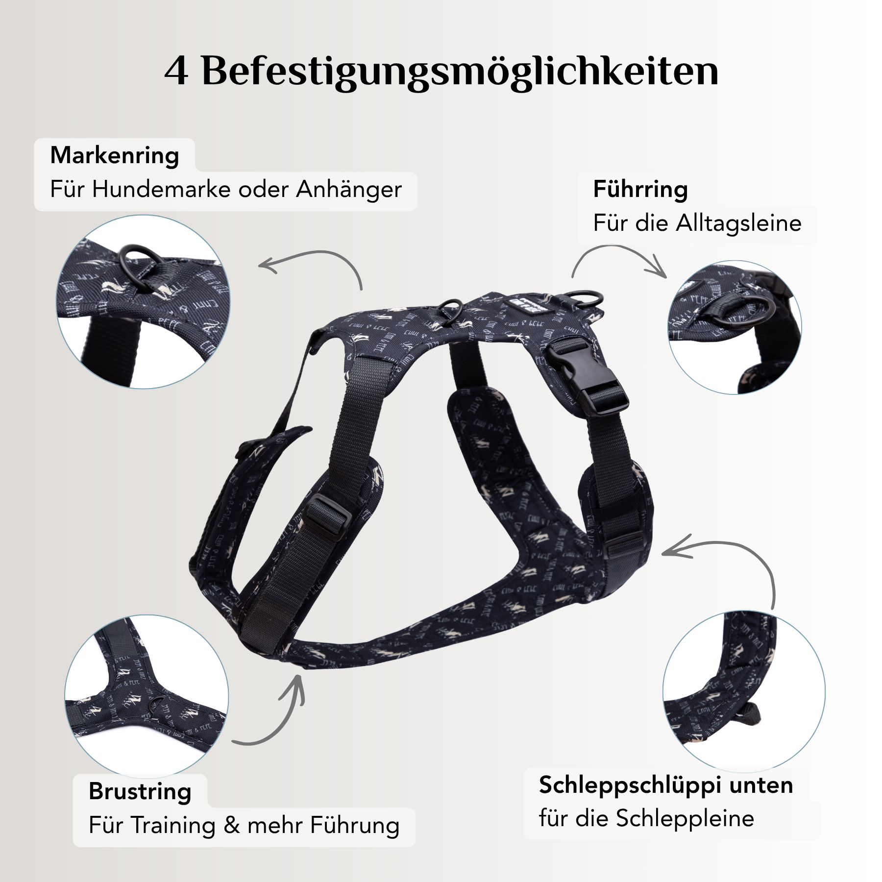 Emmy & Pepe Hundegeschirr Wau Effekt Black: ergonomisch, anpassbar und bequem in 10 Größen, 4-fach verstellbar für optimale Passform, hochwertige Materialien mit robusten Schnallen und weicher Polsterung für angenehmen Tragekomfort, geeignet für tiefe Brustkörbe