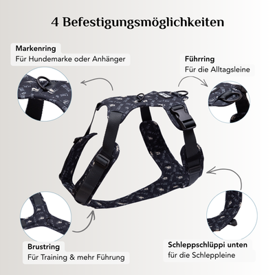 Emmy & Pepe Hundegeschirr Wau Effekt Black: ergonomisch, anpassbar und bequem in 10 Größen, 4-fach verstellbar für optimale Passform, hochwertige Materialien mit robusten Schnallen und weicher Polsterung für angenehmen Tragekomfort, geeignet für tiefe Brustkörbe