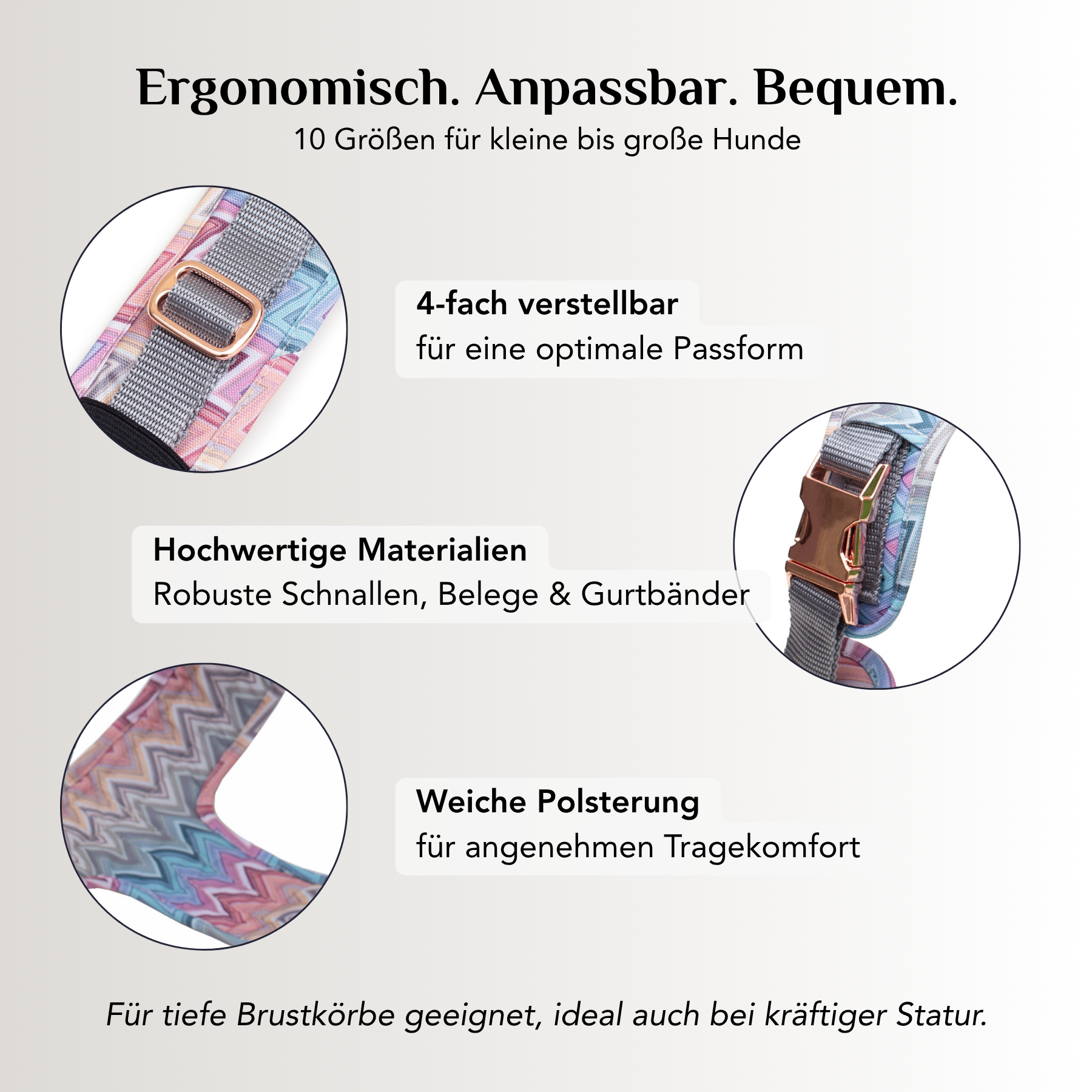 Emmy & Pepe Hundegeschirr Waussoni: ergonomisch, anpassbar und bequem in 10 Größen, 4-fach verstellbar für optimale Passform, hochwertige Materialien mit robusten Schnallen und weicher Polsterung für angenehmen Tragekomfort, geeignet für tiefe Brustkörbe