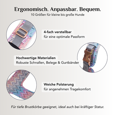 Emmy & Pepe Hundegeschirr Waussoni: ergonomisch, anpassbar und bequem in 10 Größen, 4-fach verstellbar für optimale Passform, hochwertige Materialien mit robusten Schnallen und weicher Polsterung für angenehmen Tragekomfort, geeignet für tiefe Brustkörbe