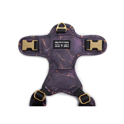 Detailansicht des Rückenpatches vom Wau-Move Open Neck Hundegeschirr in Golden Plum mit goldfarbenen Metalldetails, Führring oben, seitlichen Steckschnallen und verstellbaren, gepolsterten Gurten