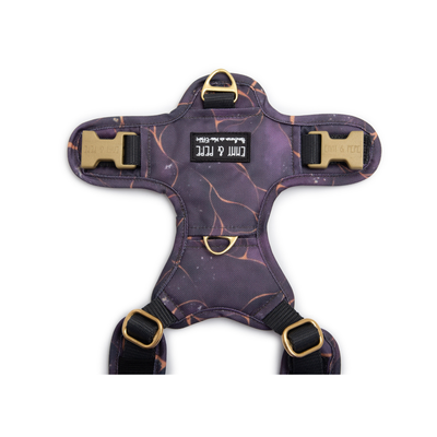 Weitere Detailansicht des Rückenpatches vom Wau-Move Open Neck Hundegeschirr in Golden Plum, mit Führring oben, zusätzlichem D-Ring in der Mitte für die Schleppleine, seitlichen Steckschnallen und verstellbaren Gurten