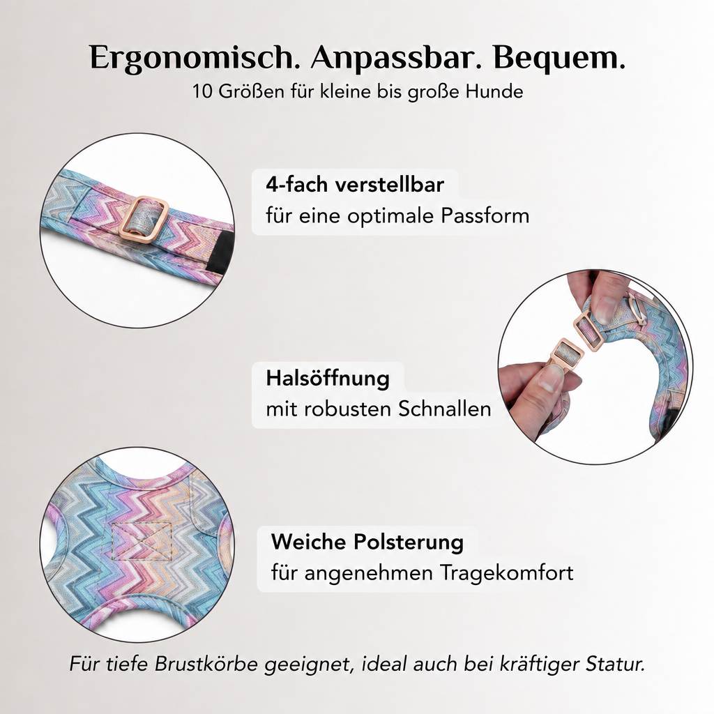 Wau-Move Open Neck Hundegeschirr mit 4-fach verstellbaren Schnallen, weich gepolsterter Innenseite und Halsöffnung – erhältlich in 10 Größen