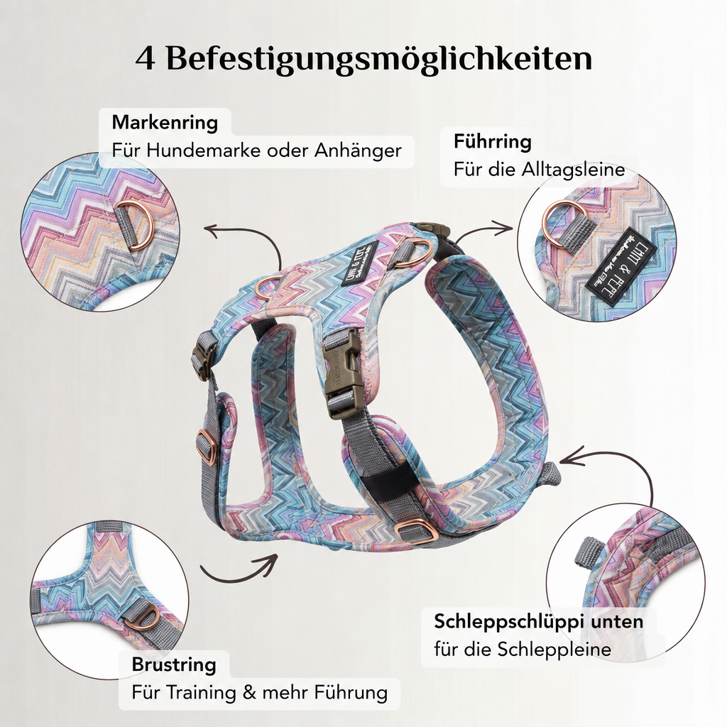 Detailansicht des Wau-Move Open Neck Hundegeschirrs im Zickzack-Muster: verstellbare Roségold-Schnalle, robuste Schnallen an der Halsöffnung und weich gepolsterte Innenseite für hohen Tragekomfort, geeignet für tiefe Brustkörbe