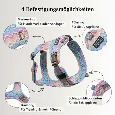 Detailansicht des Wau-Move Open Neck Hundegeschirrs im Zickzack-Muster: verstellbare Roségold-Schnalle, robuste Schnallen an der Halsöffnung und weich gepolsterte Innenseite für hohen Tragekomfort, geeignet für tiefe Brustkörbe