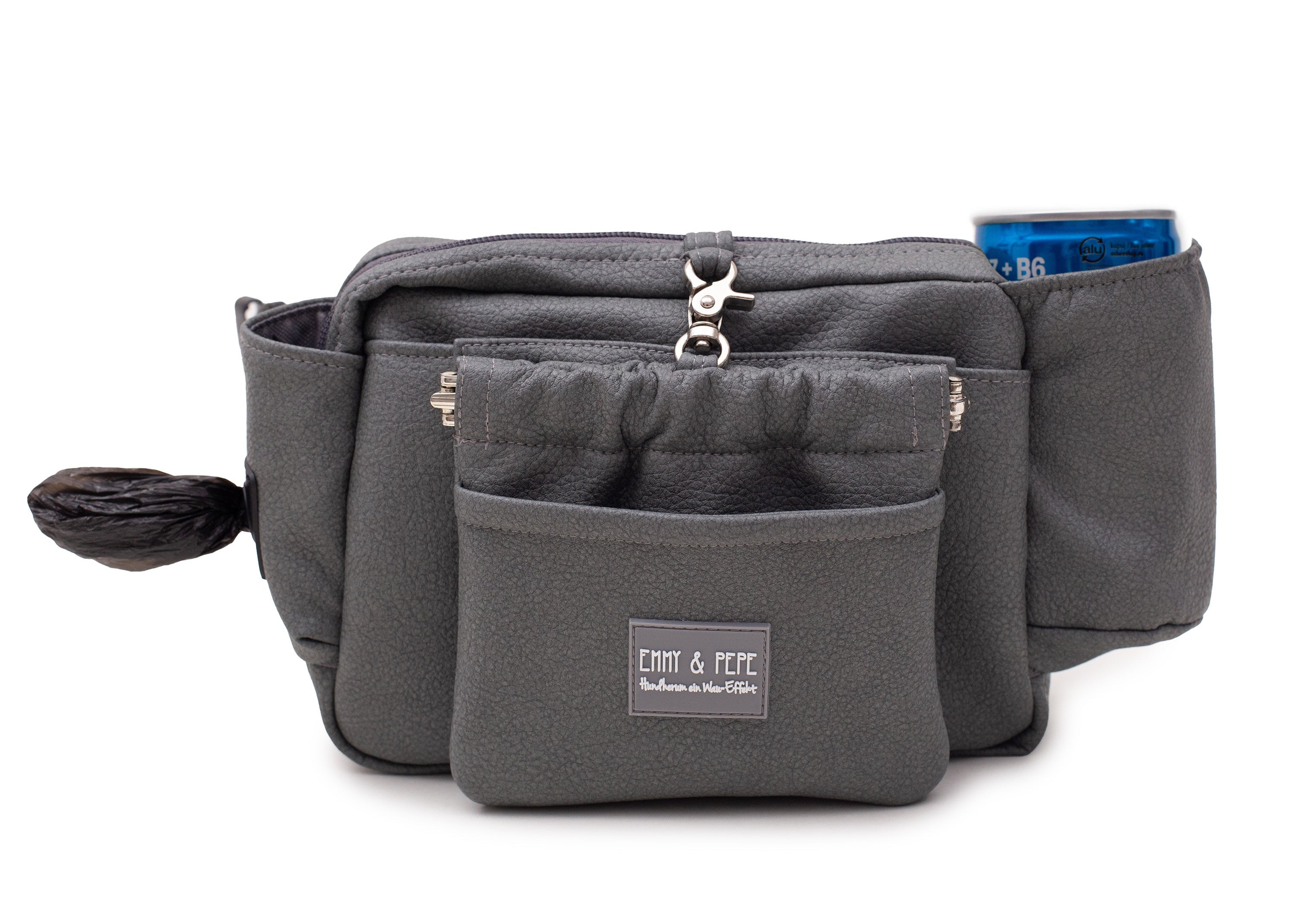 Wau-Pack große Gassitasche, Modell  Kunstleder Dark Grey, Gurtlänge  S (60-85cm),M (80-110cm),L (100-145cm) - bei jedem Spaziergang alles dabei