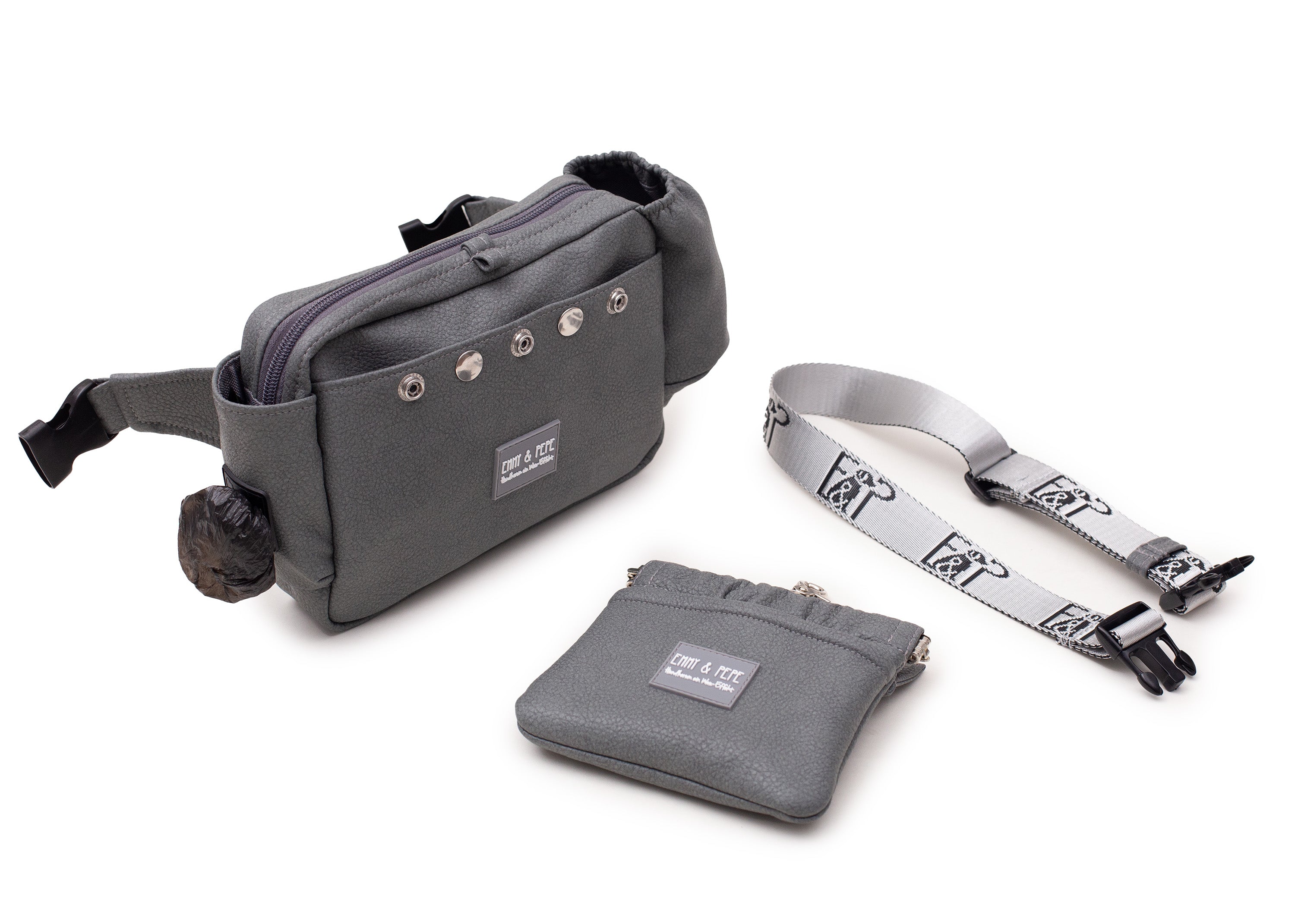 Wau-Pack große Gassitasche, Modell Kunstleder Dark Grey, dunkelgrau - mit vielen Fächern für jeden Spaziergang