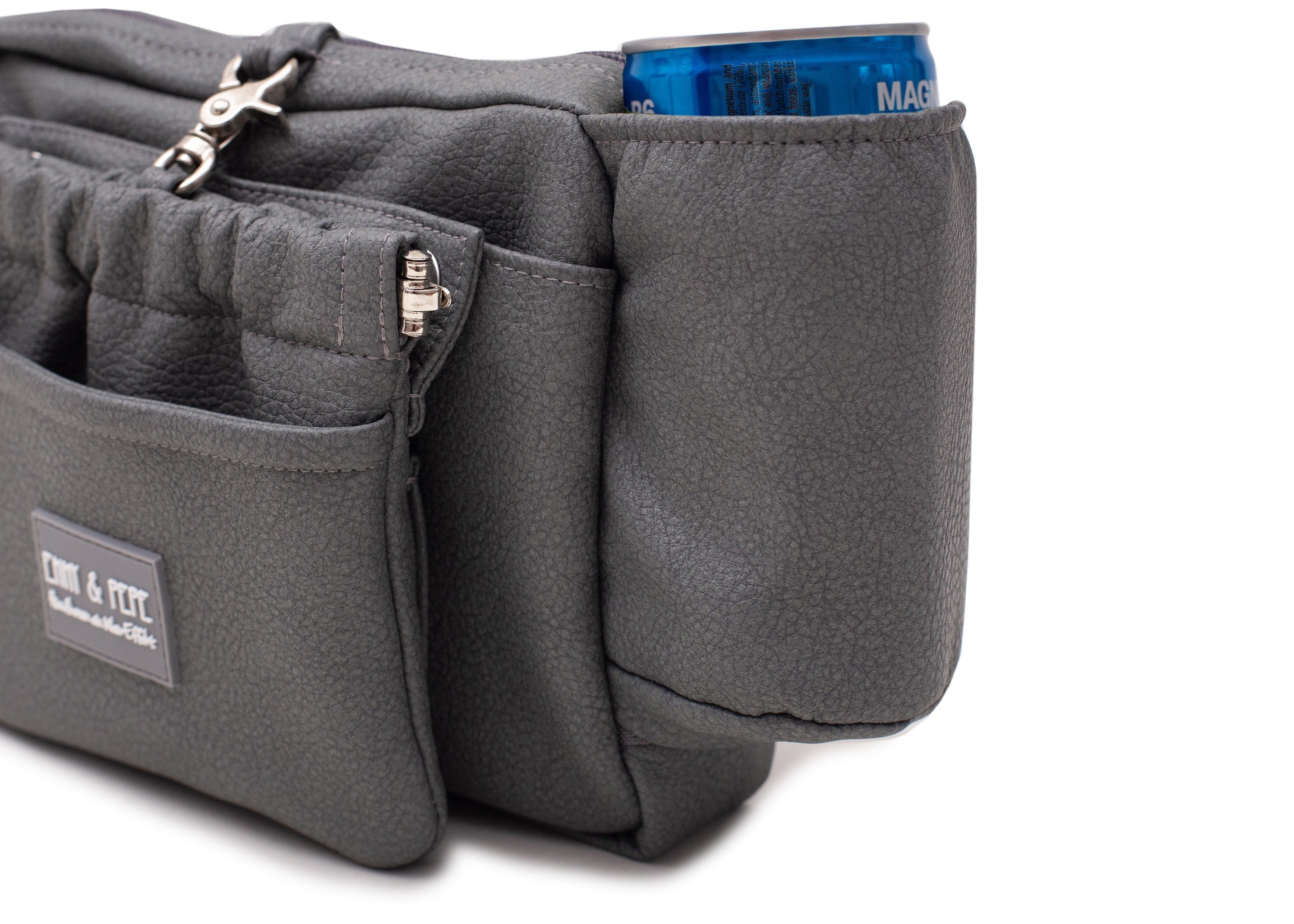 Wau-Pack große Gassitasche, Modell Kunstleder Dark Grey, dunkelgrau - mit vielen Fächern für jeden Spaziergang - mit Getränkehalterung