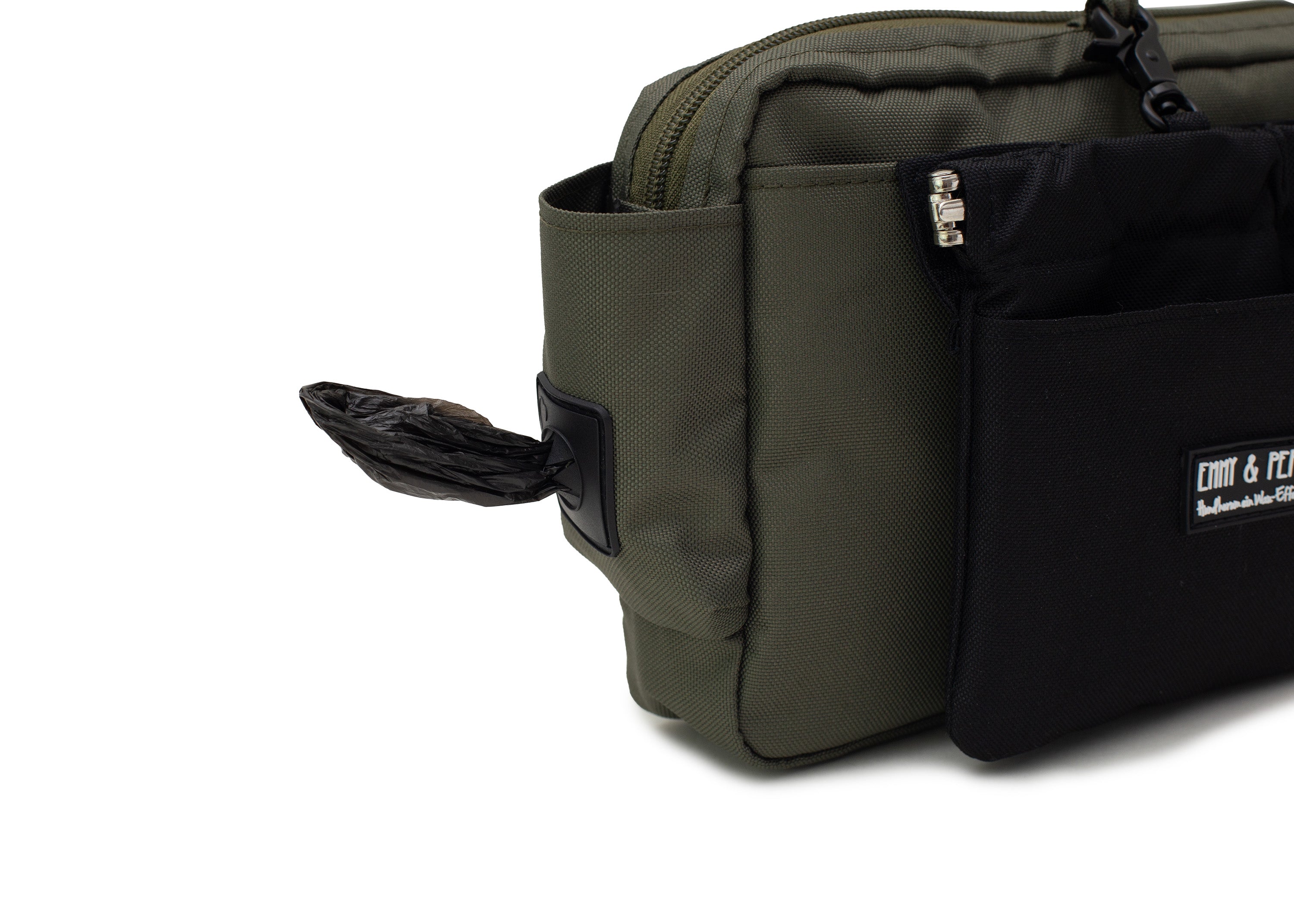 Wau-Pack große Gassitasche, Modell Lothar, olive-grüne Tasche mit schwarzem Lecherlibeutel  - praktischer Kotbeutelspender