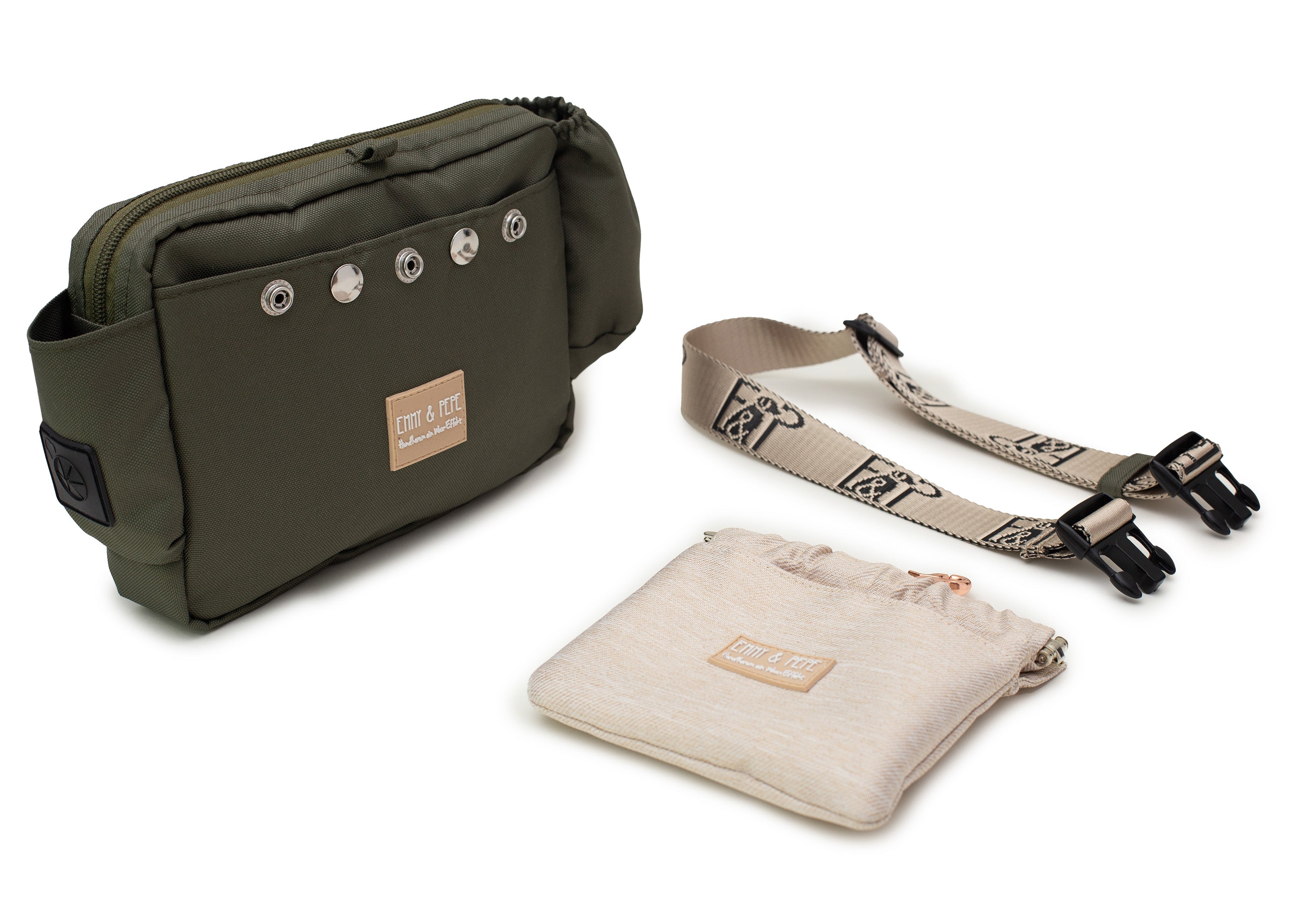 Wau-Pack große Gassitasche, Modell Lotte, olivegrüne Tasche mit heller Leckerlitasche Wau-Pocket -  dein perfekter Begleiter für jeden Spaziergang