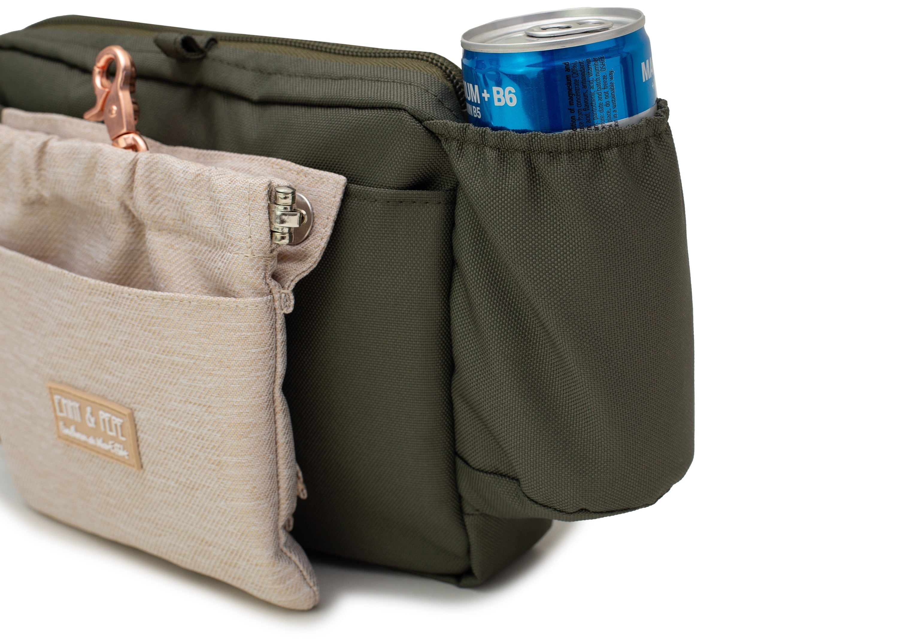 Wau-Pack große Gassitasche, Modell Lotte, olivegrüne Tasche mit heller Leckerlitasche Wau-Pocket - mit Getränkehalterung