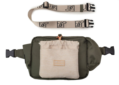 Wau-Pack große Gassitasche, Modell Lotte, olivegrüne Tasche mit heller Leckerlitasche Wau-Pocket - verschiedene Gurtlängen verfügbar