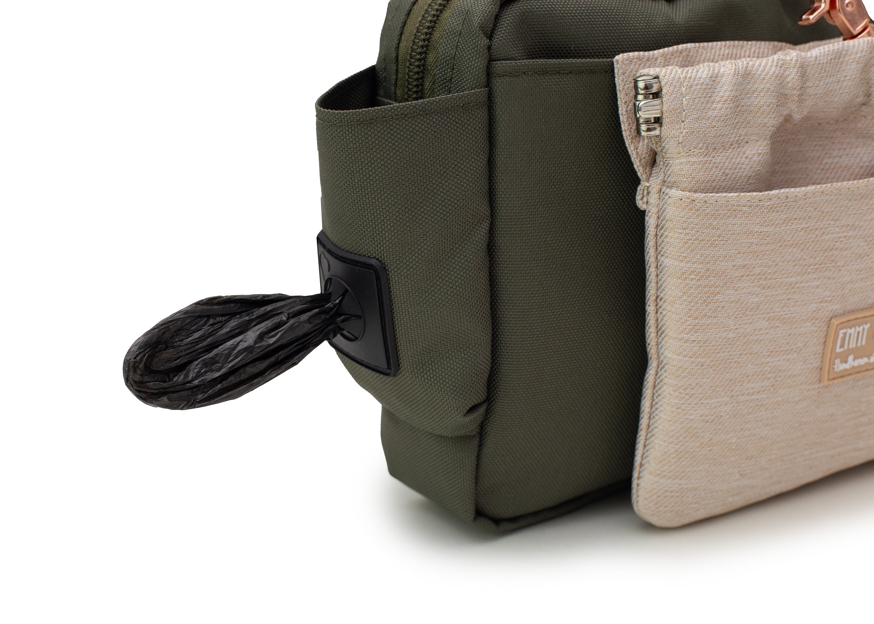 Wau-Pack große Gassitasche, Modell Lotte, olivegrüne Tasche mit heller Leckerlitasche Wau-Pocket - mit Kotbeutelhalter