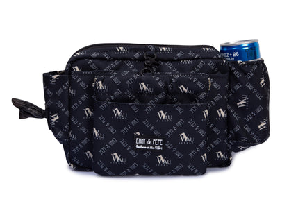 Wau-Pack große Gassitasche, Modell  "Wau-Effekt" schwarz mit kleinen Logos, viele Fächer und Taschen - alles dabei beim Spaziergang