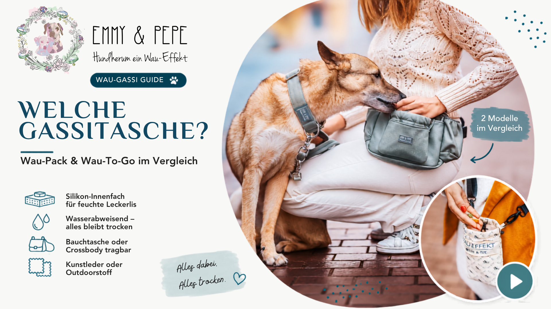 Video laden: Video: Vicki von EMMY &amp; PEPE vergleicht die Gassitaschen Wau-Pack und Wau-To-Go – zeigt alle Fächer, das silikonbeschichtete Leckerli-Fach, die Gurtlängen und die verschiedenen Trageweisen.