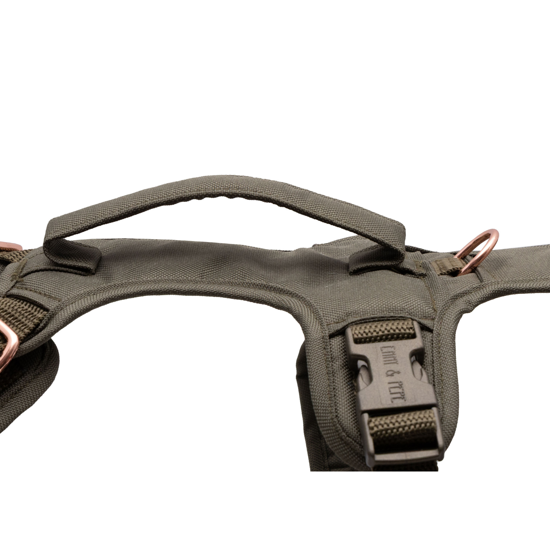 Wau-Safety Sicherheitsgeschirr Nahaufnahme des Griffs für Hunde auf weißem Hintergrund in der Farbe Lotte in Olive und Sage Green von EMMY & PEPE