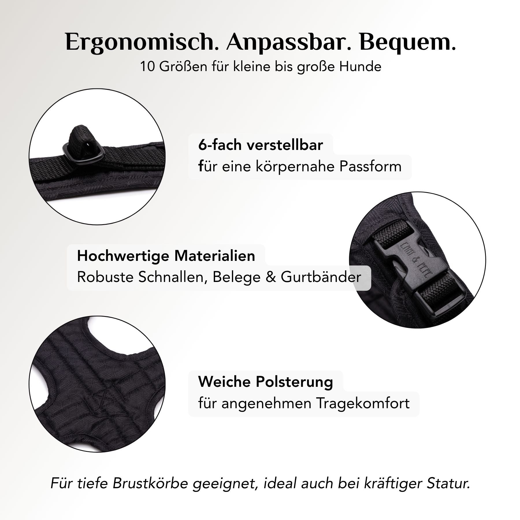 Gepolstertes Sicherheitsgeschirr für Hunde in Schwarz mit ergonomischer Passform und freier Schulterbewegung