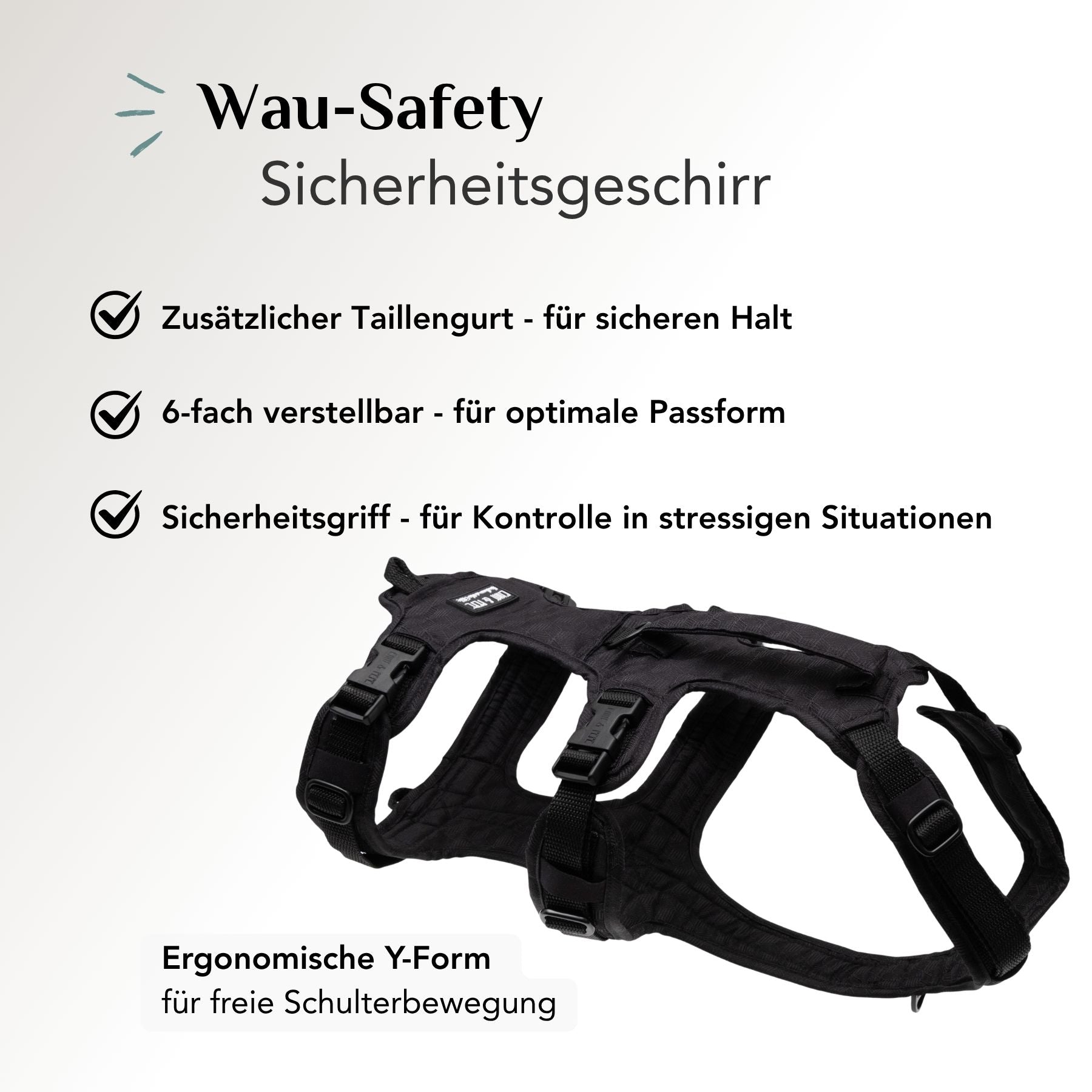 Sicherheitsgeschirr für Hunde in Schwarz mit Taillengurt, 6-facher Verstellung und ergonomischer Y-Form