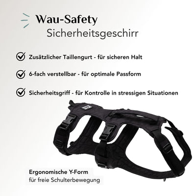 Sicherheitsgeschirr für Hunde in Schwarz mit Taillengurt, 6-facher Verstellung und ergonomischer Y-Form