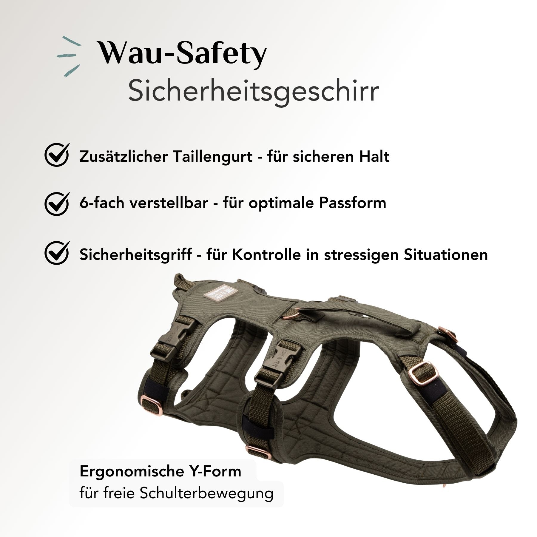 Sicherheitsgeschirr für Hunde Lotte Olivgrün mit Taillengurt, 6-facher Verstellung und ergonomischer Y-Form
