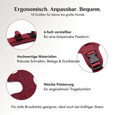 Gepolstertes Sicherheitsgeschirr für Hunde Velvet in Bordeauxrot mit ergonomischer Passform und freier Schulterbewegung