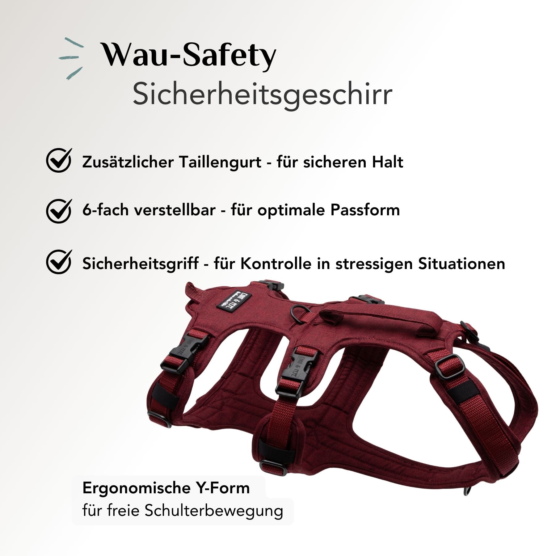 Sicherheitsgeschirr für Hunde Velvet Bordeauxrot mit Taillengurt, 6-facher Verstellung und ergonomischer Y-Form