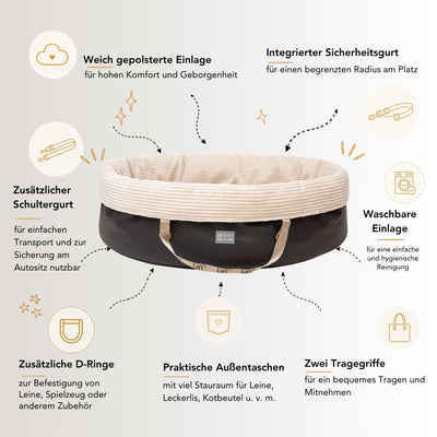 USP Grafik ovales Wau-Snuggle Cord Creme Hundekörbchen für unterwegs von EMMY & PEPE mit dunklem Kunstleder und weichem cremefarbenem Cordstoff innen.