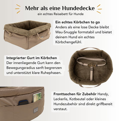 Wau-Snuggle von EMMY & PEPE als formstabiles Reisekörbchen für Hunde – mehr als eine Hundedecke für unterwegs.