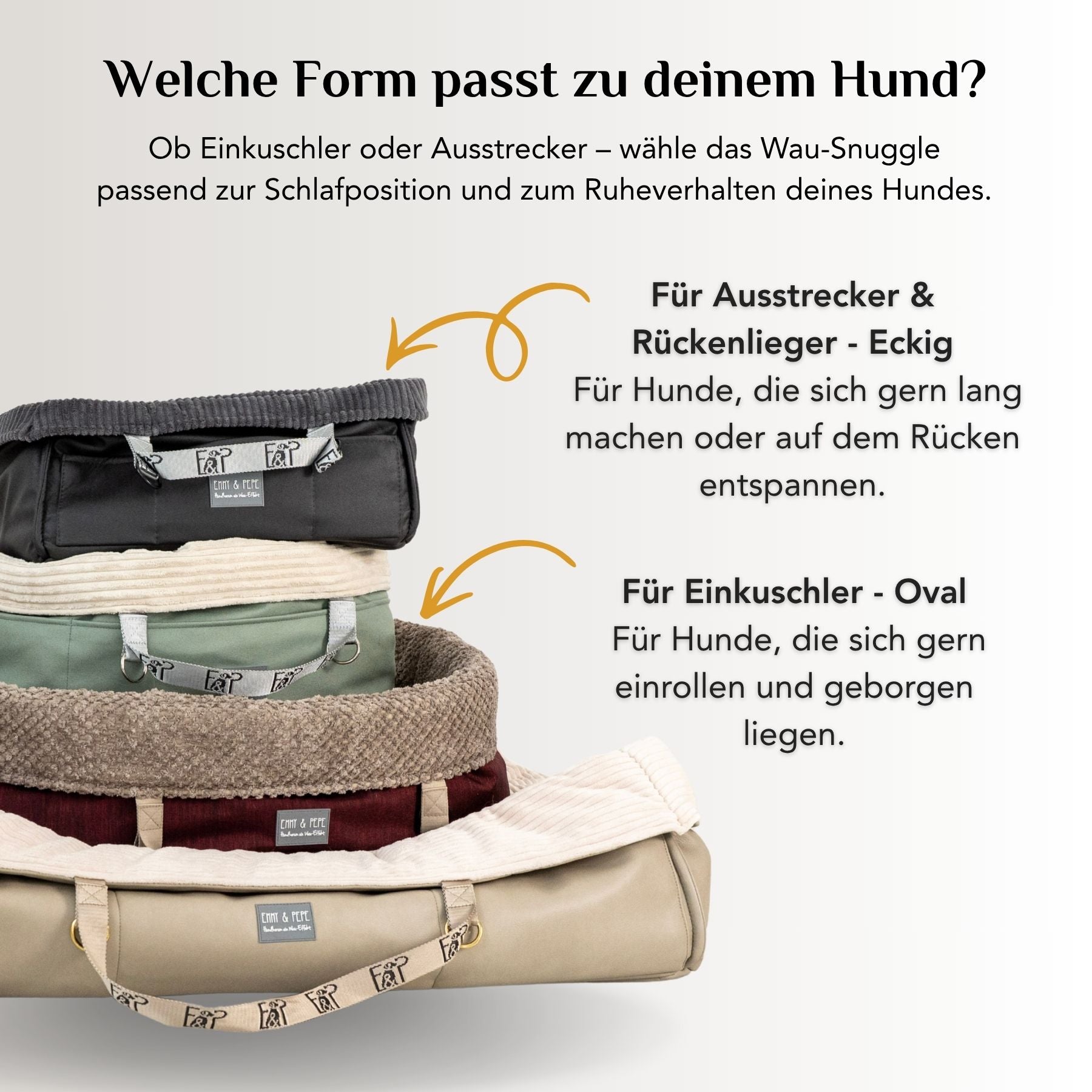 Grafik zur passenden Wau-Snuggle Form von EMMY & PEPE: oval für Einkuschler, eckig für Ausstrecker und Rückenlieger.