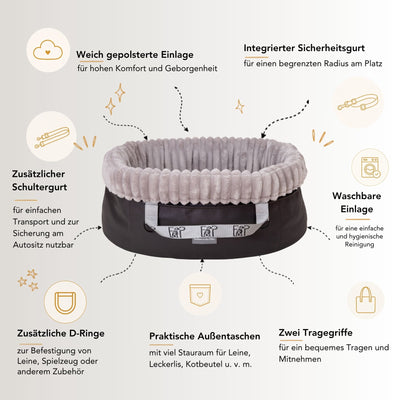 usp grafik Wau-Snuggle Kuschelcord Light Gray Hundekörbchen für unterwegs von EMMY & PEPE mit hohem Rand und hellgrauem Kuschelcord innen.