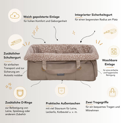 USP Grafik eckiges Wau-Snuggle Leo Taupe Hundekörbchen für unterwegs von EMMY & PEPE mit beigem Kunstleder und beige-cremefarbenem Leo-Muster innen.