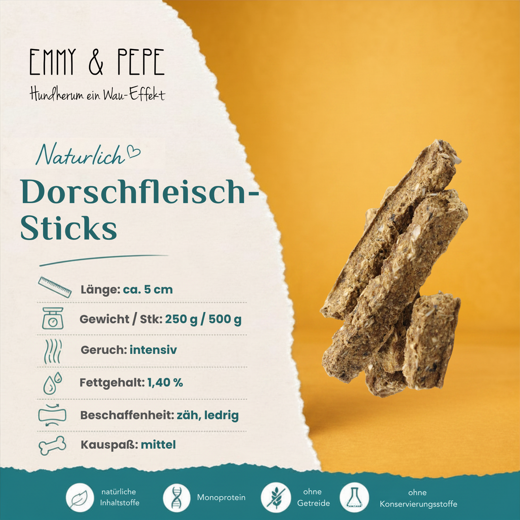 Produkteigenschaften Dorschfleisch Sticks für Hunde – Fettgehalt, Beschaffenheit und Kauspaß